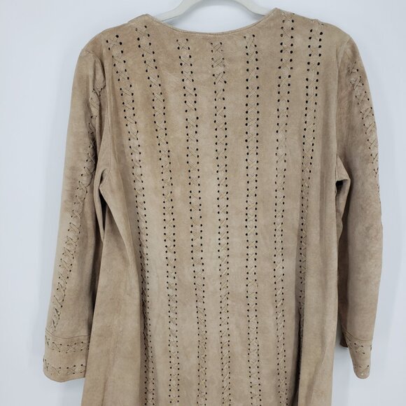 Newport News Vintage Fringe Trim Suede Leather Long Jacket XL Womens Boho Tan - Picture 8 of 9